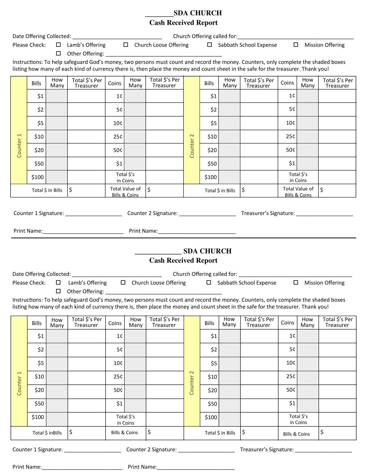 Preview of Cash Count Sheet - Multiple