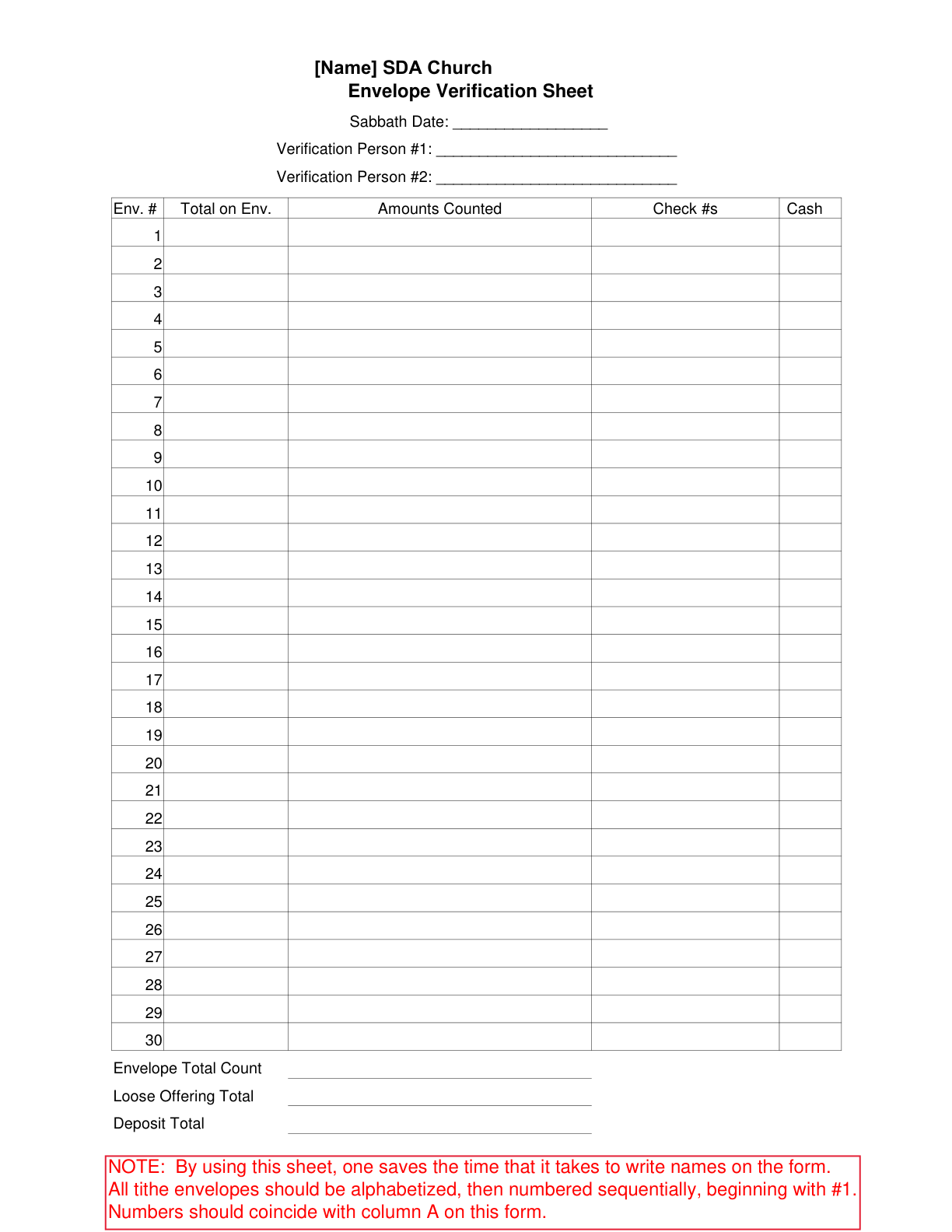 Preview of Tithe Envelope Verification Sheet