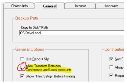 General tab showing the Allow Transfers Between Conference and Local Accounts checkbox