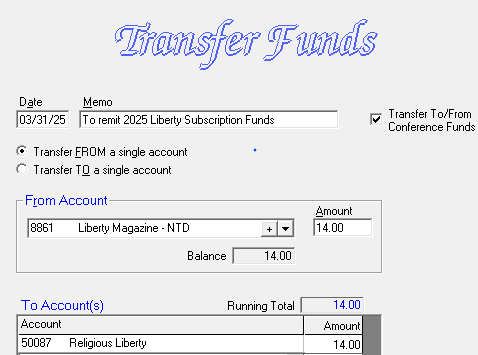 Example of a completed Transfer Funds screen